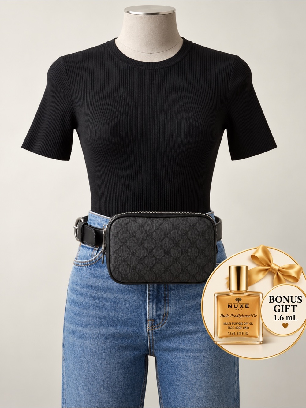 Steve Madden Black Monogram Belt Bag + free NUXE 1.6 mL Gift